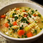 Close-up of a white bowl filled with hot penicillin soup, featuring shredded chicken, rotini pasta, sliced carrots, and fresh parsley.