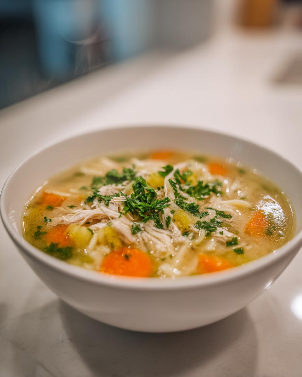 Close-up of a white bowl filled with hot penicillin soup, featuring shredded chicken, carrots, and fresh parsley garnish.