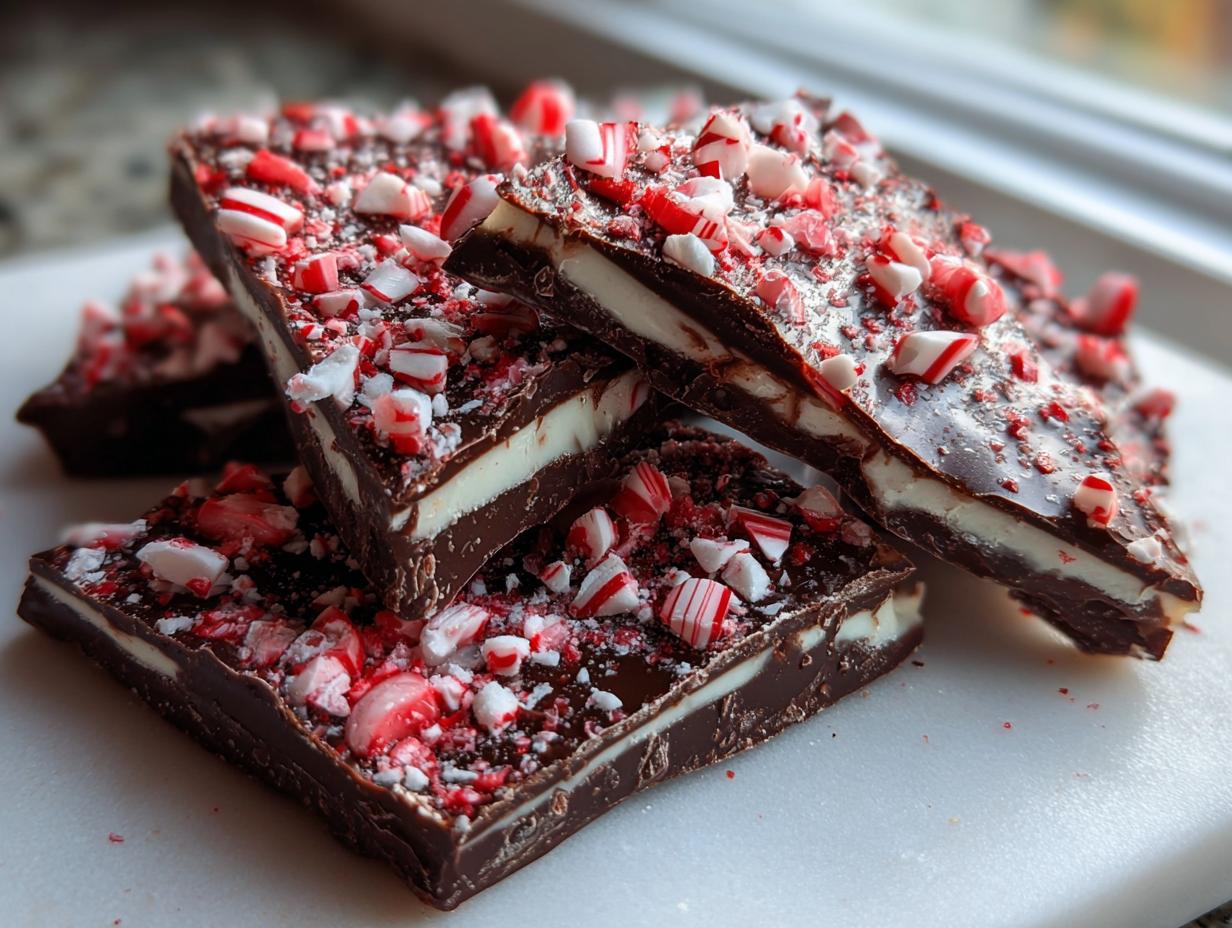 Close-up of stacked slices of homemade peppermint bark recipe showing dark chocolate, white filling, and crushed candy canes.