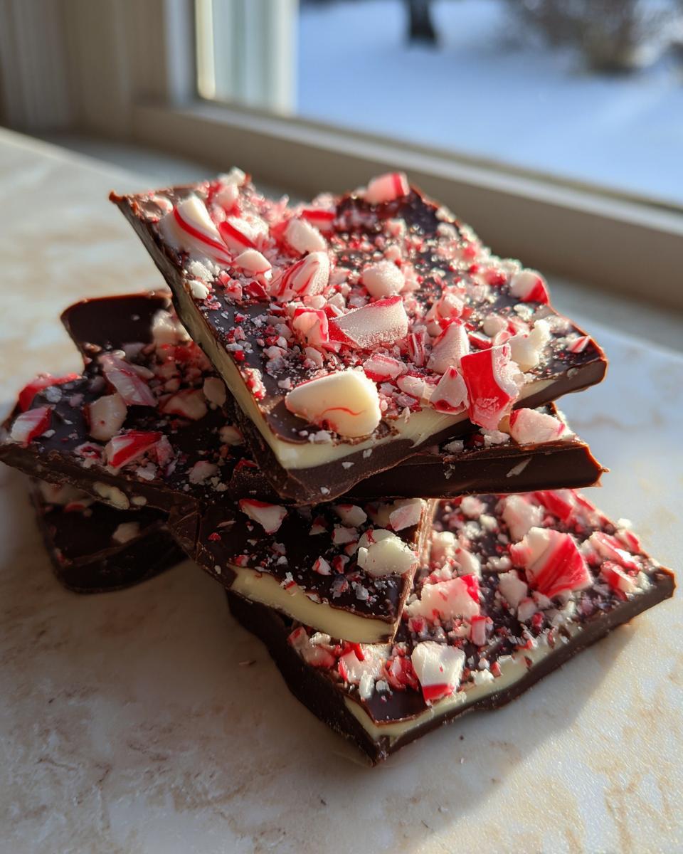 Close-up of stacked pieces of dark and white chocolate peppermint bark recipe topped with crushed candy canes.