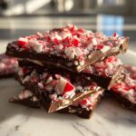 A stack of dark chocolate peppermint bark pieces topped with crushed candy canes, showcasing the peppermint bark recipe.