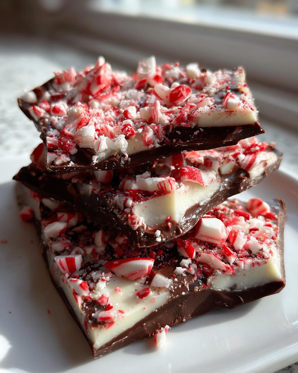 Three stacked pieces of homemade peppermint bark recipe showing dark chocolate, white chocolate, and crushed candy canes.