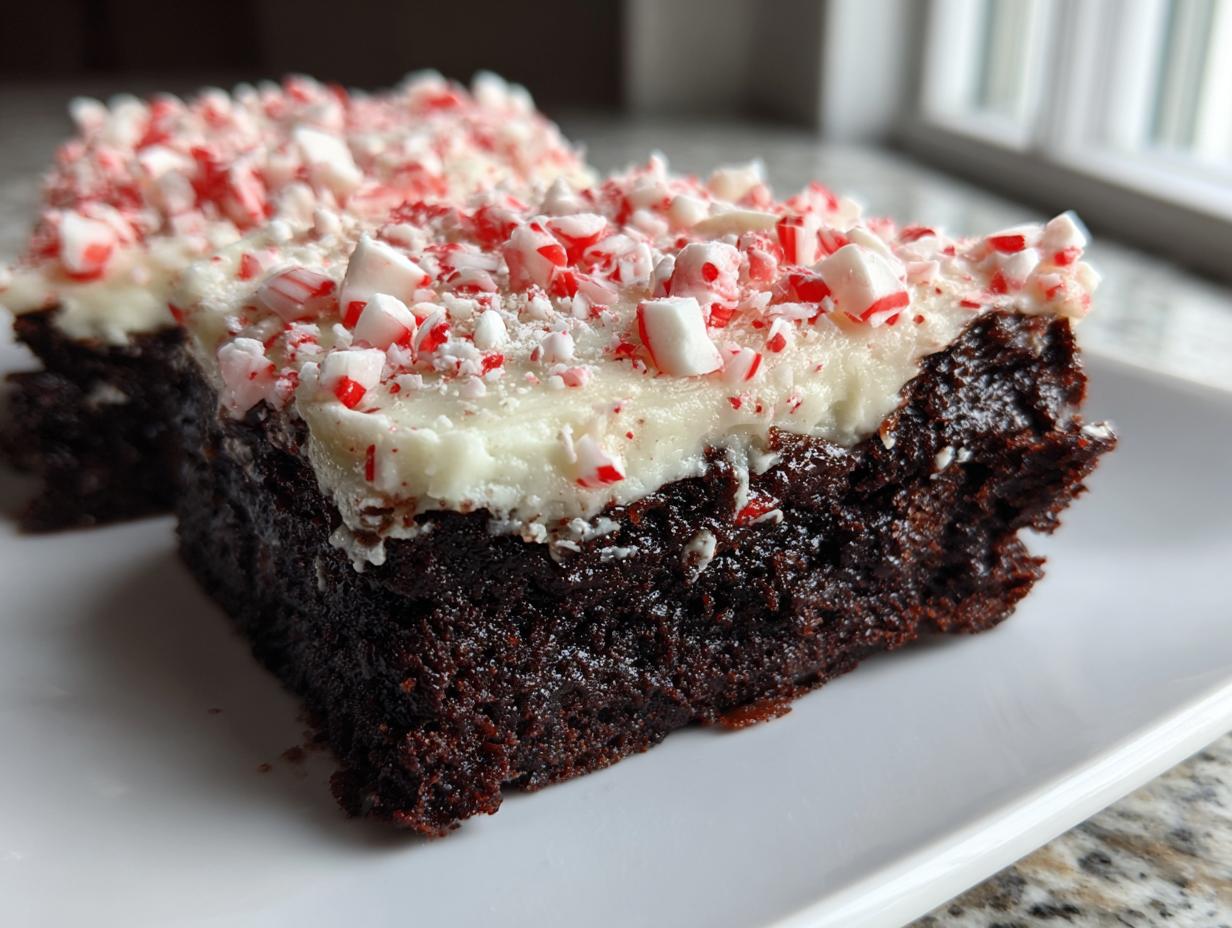Close-up of rich, dark peppermint brownies topped with white frosting and crushed candy canes.