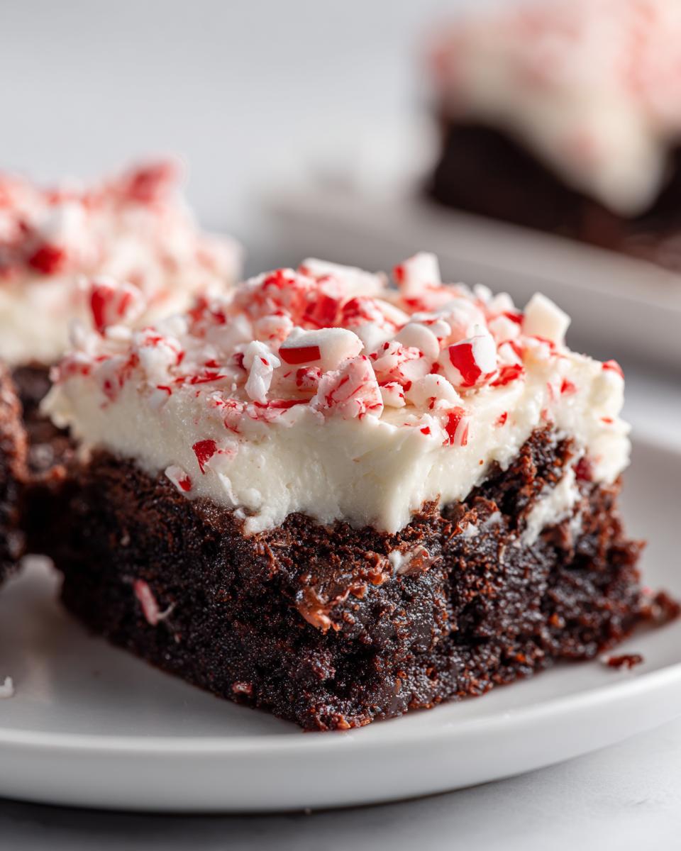 A close-up of a rich, dark chocolate peppermint brownie topped with thick white frosting and crushed candy canes.