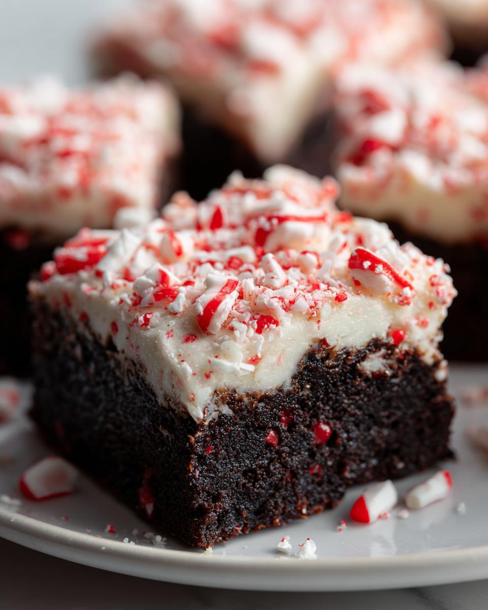 A rich, dark chocolate peppermint brownie square topped with white frosting and crushed candy canes.