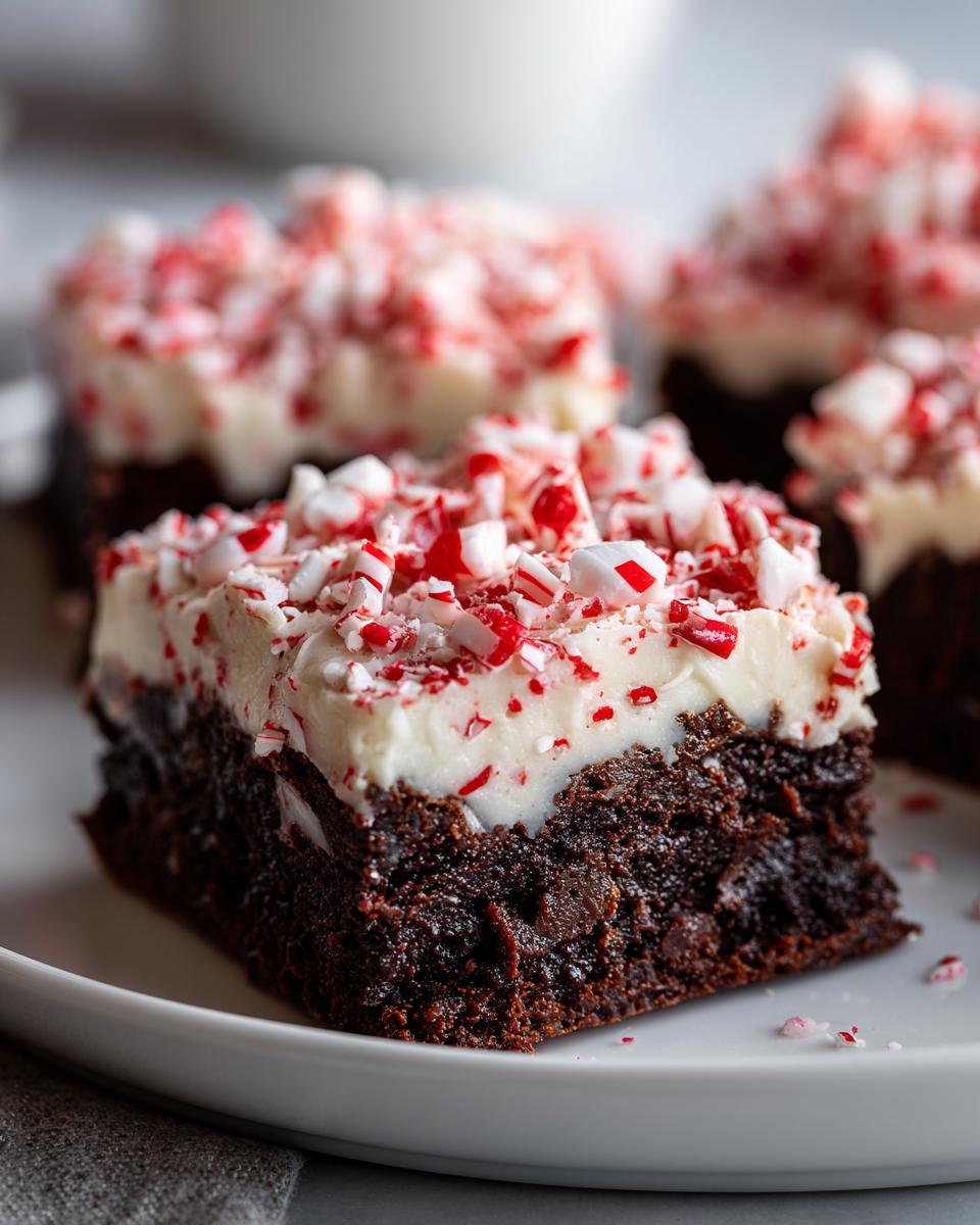 A rich, fudgy peppermint brownie square topped with thick white frosting and crushed candy canes.