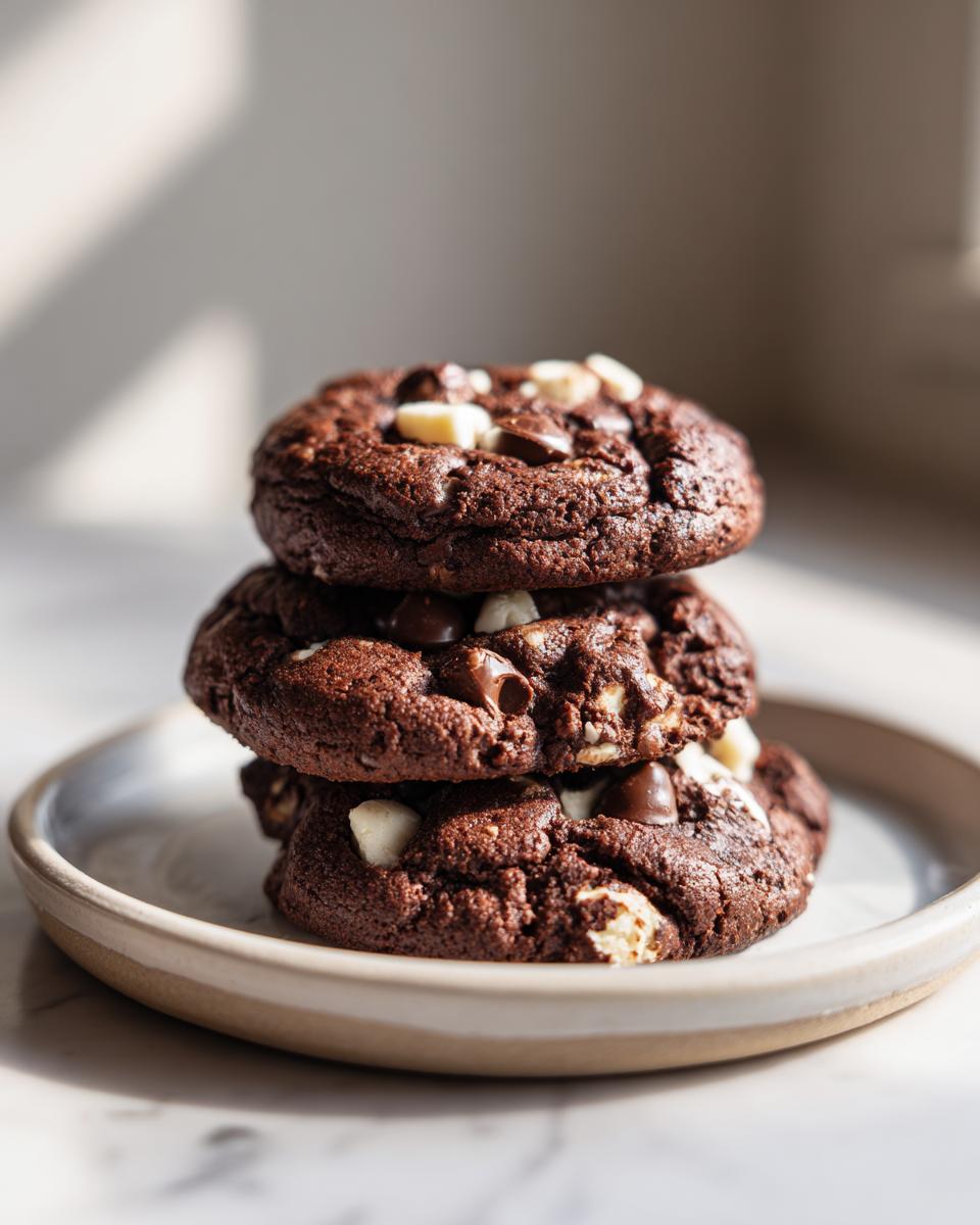 Three rich, dark chocolate peppermint chocolate chip cookies stacked on a small ceramic plate.