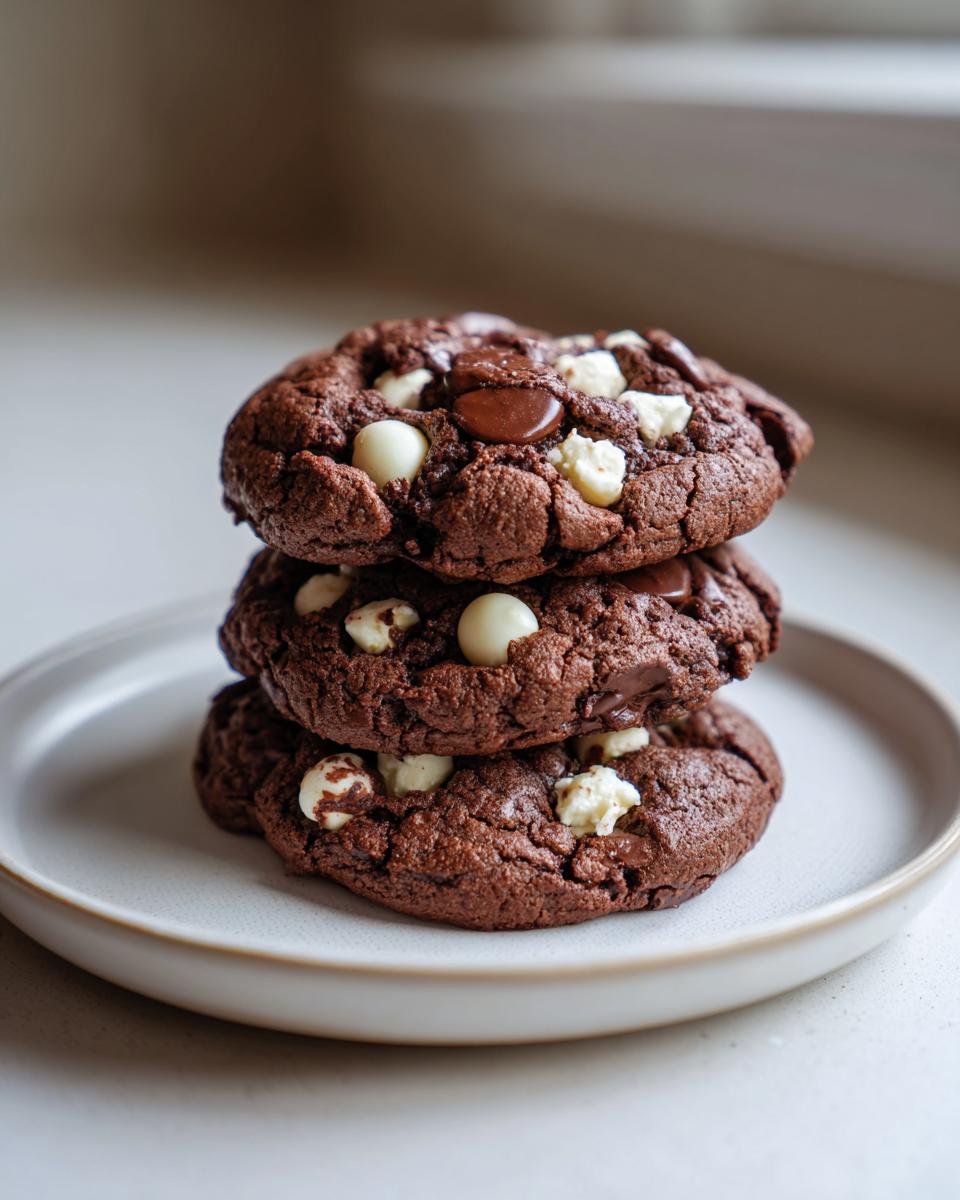 Three rich, dark chocolate peppermint chocolate chip cookies stacked on a light gray plate.