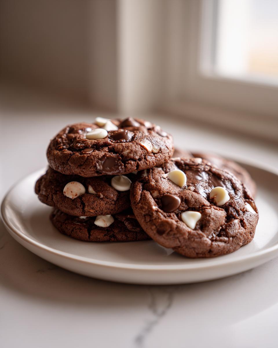A stack of rich, dark chocolate peppermint chocolate chip cookies with visible white and dark chocolate chips.