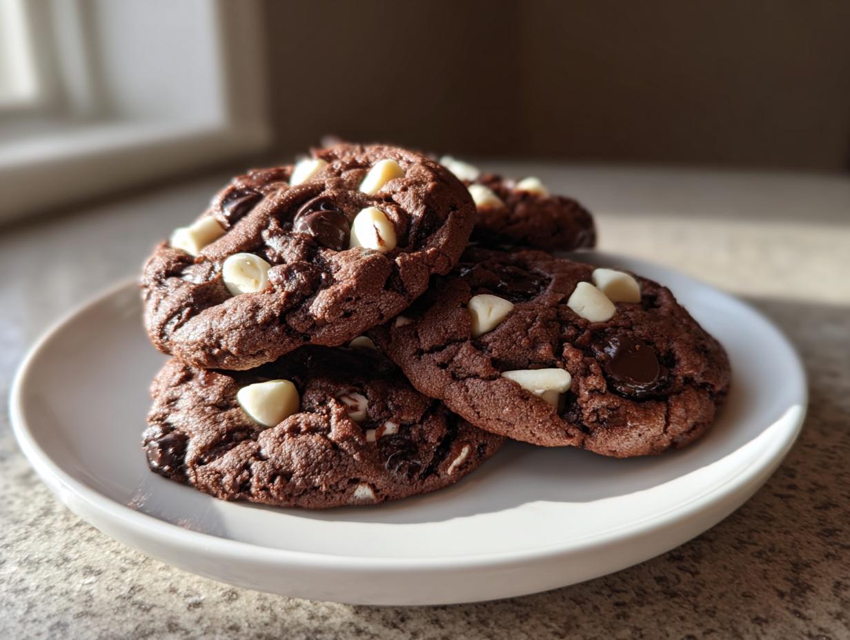 Close-up of rich, dark peppermint chocolate chip cookies studded with white chocolate chips, served on a white plate.