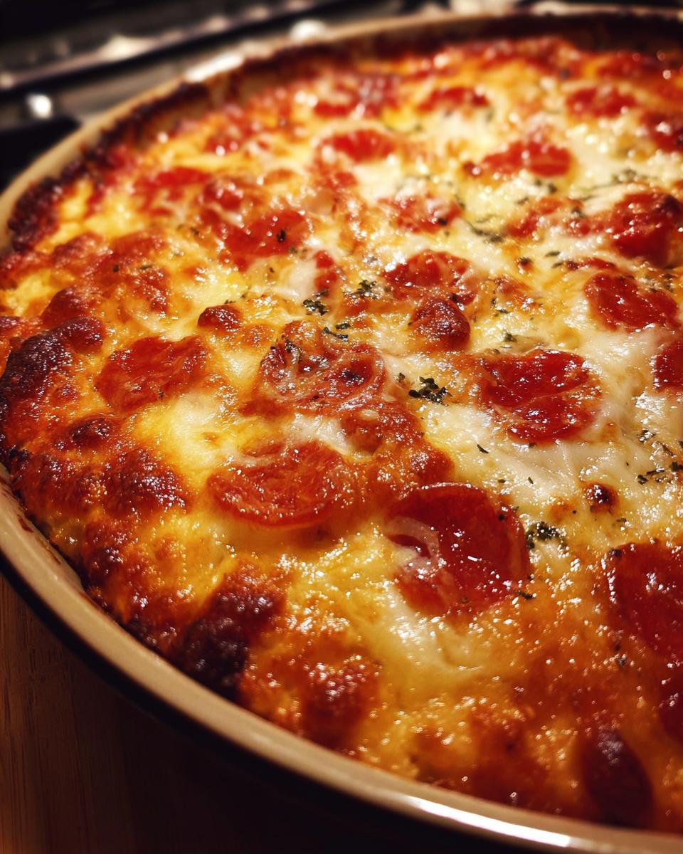 Close-up of a bubbling, golden-brown pepperoni pizza dip topped with melted cheese and herbs in a round baking dish.