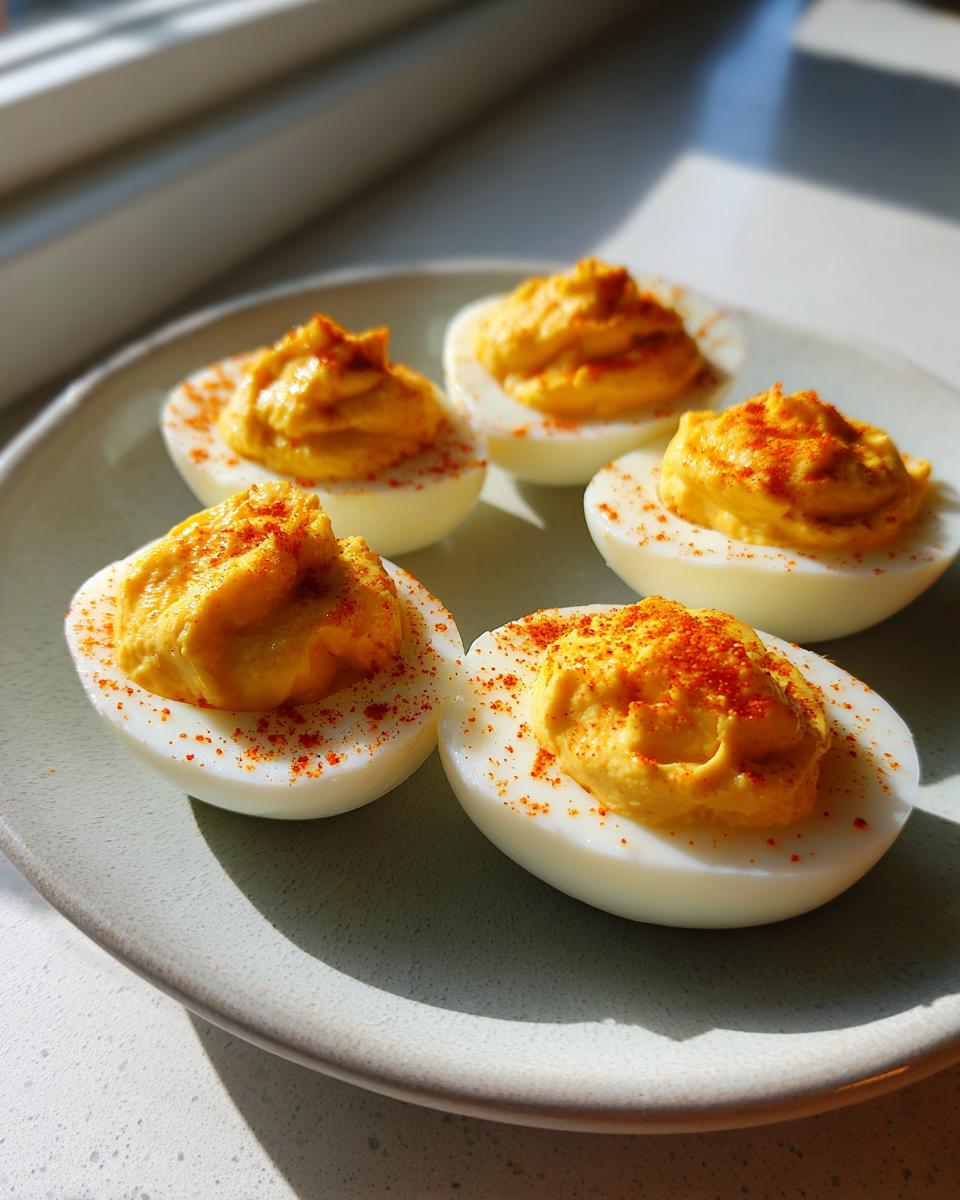 Five halves of perfectly made deviled eggs with creamy yellow filling, dusted with paprika, served on a light plate.