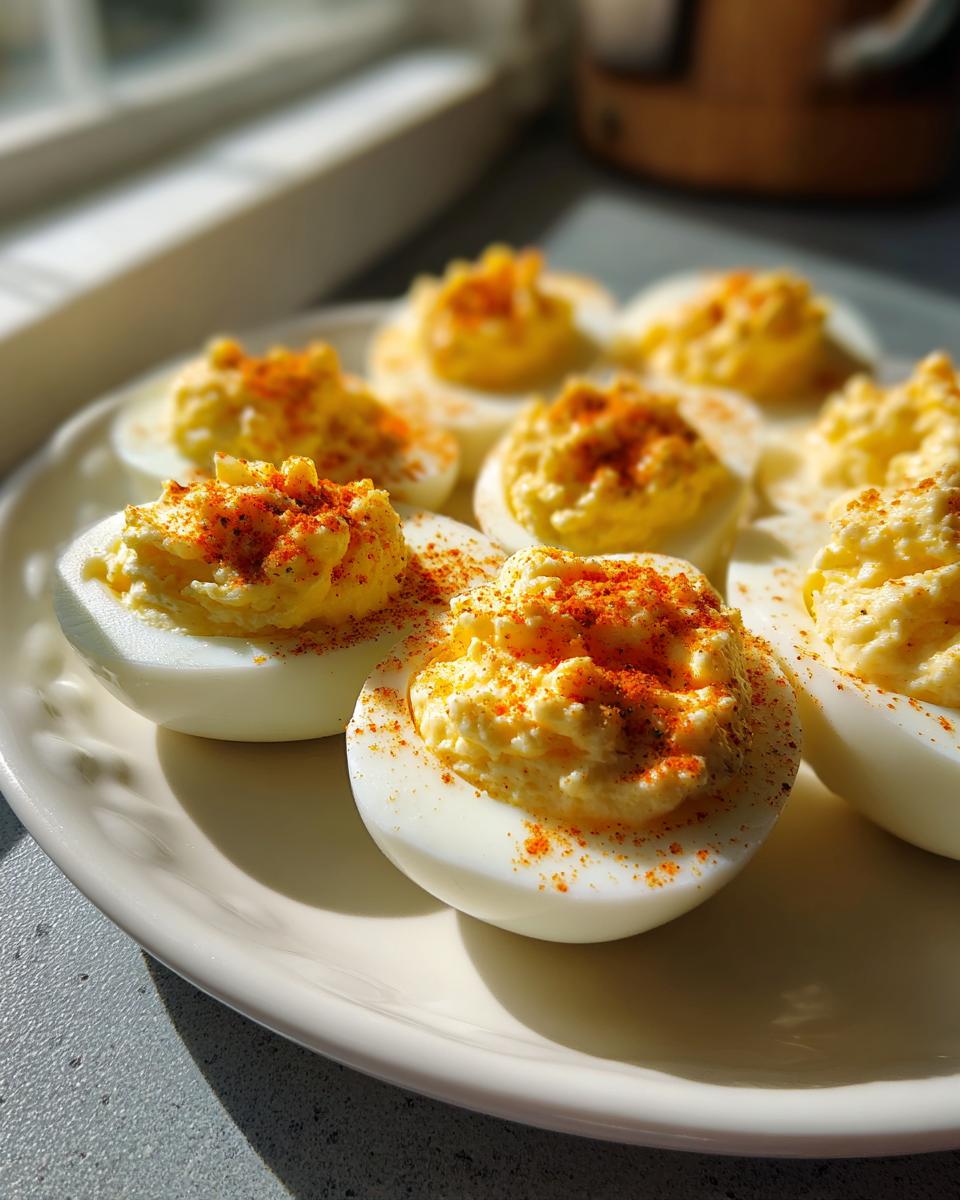 A close-up of several creamy deviled eggs dusted with paprika, arranged on a white plate near a window.
