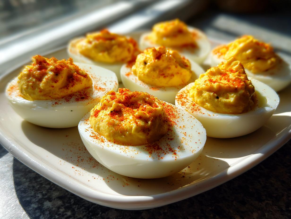A plate of classic deviled eggs, featuring creamy yellow filling piled high and sprinkled with paprika.