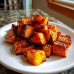 A close-up of perfectly roasted sweet potato cubes with caramelized, slightly charred edges on a white plate.