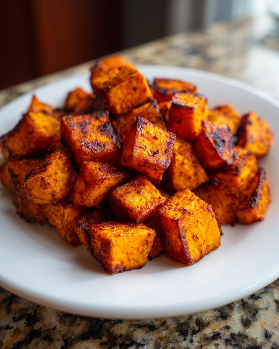 Close-up of perfectly roasted sweet potato cubes, slightly caramelized and seasoned, piled on a white plate.