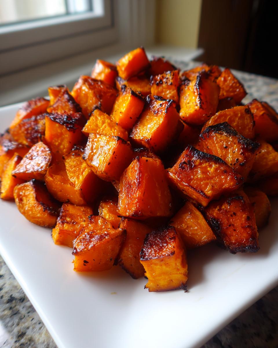 Close-up of perfectly roasted sweet potato cubes with caramelized, slightly charred edges on a white plate.