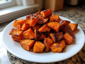 A white plate piled high with perfectly roasted sweet potato cubes showing caramelized, slightly charred edges.