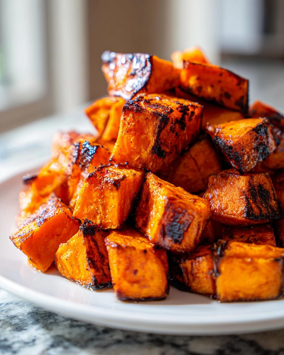 Close-up of a mound of perfectly roasted sweet potato cubes with caramelized, slightly charred edges.