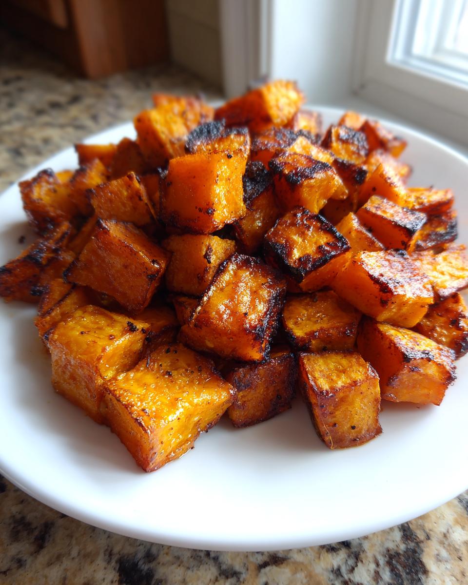 A close-up of perfectly roasted sweet potato cubes with caramelized, slightly charred edges served on a white plate.