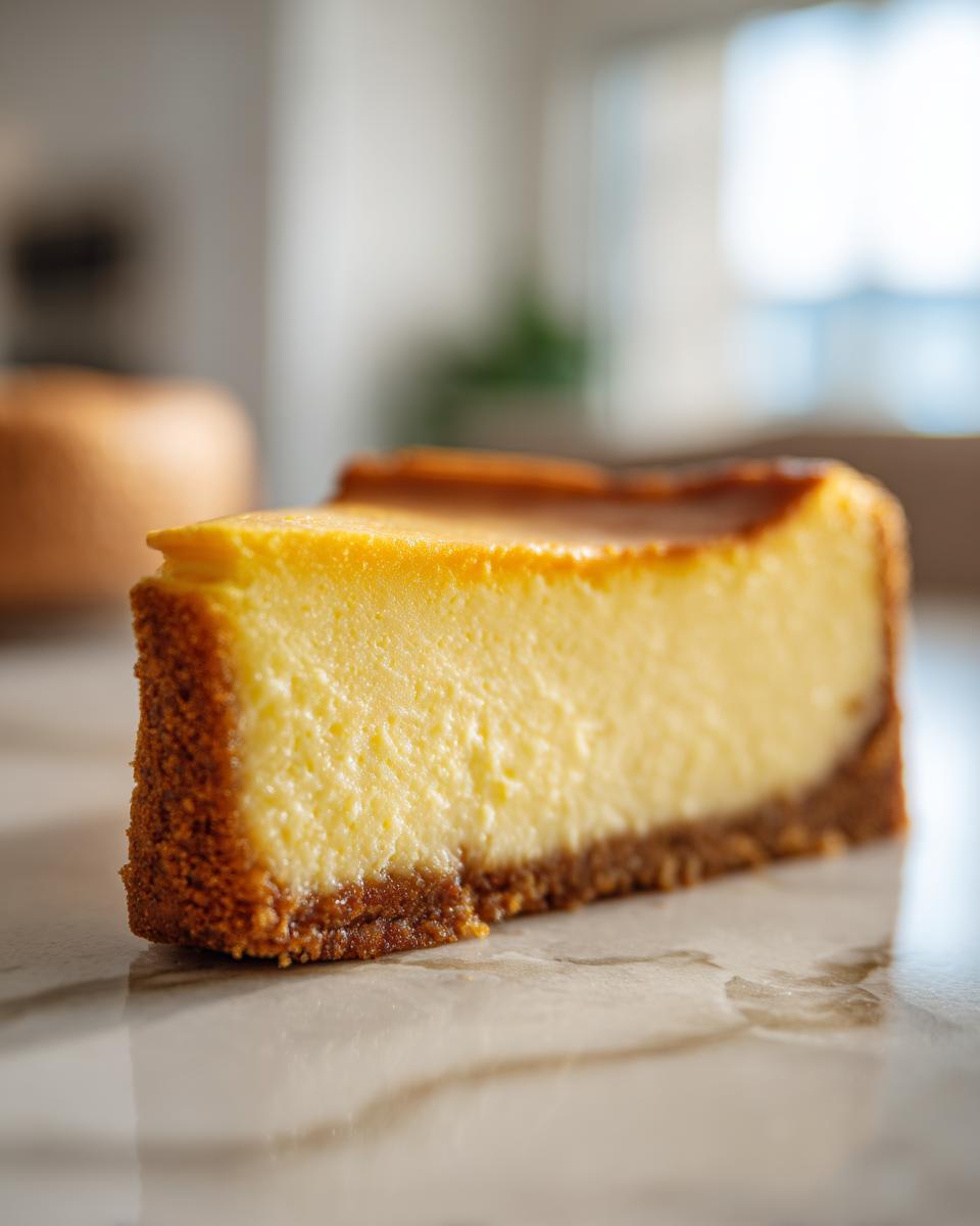 Close-up of a perfectly smooth slice of baked cheesecake recipe showing a thick graham cracker crust.