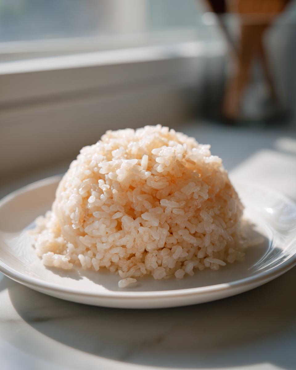 A mound of perfectly cooked, slightly glossy sushi rice served on a small white plate, illuminated by sunlight.