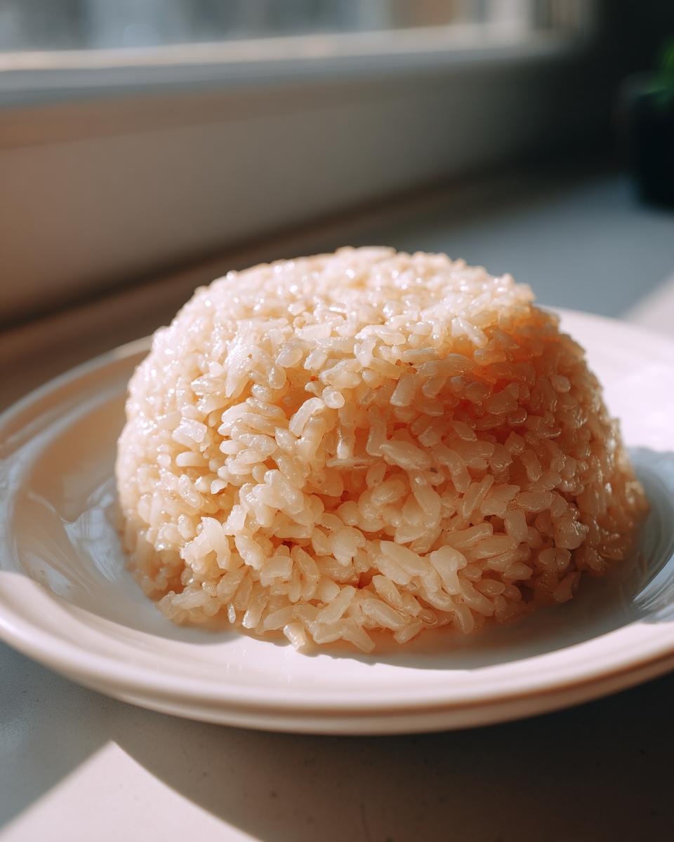 A perfectly molded dome of glistening, seasoned sushi rice resting on a white plate near a window.