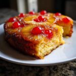 Close-up of a slice of golden pineapple upside down cake topped with caramelized pineapple rings and maraschino cherries.