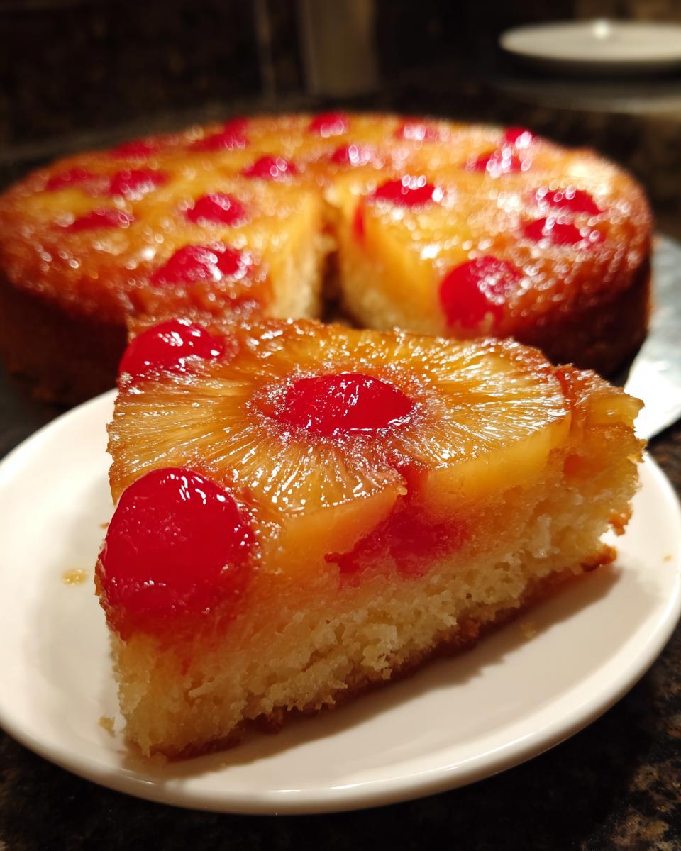 A slice of moist pineapple upside down cake topped with caramelized pineapple rings and maraschino cherries.