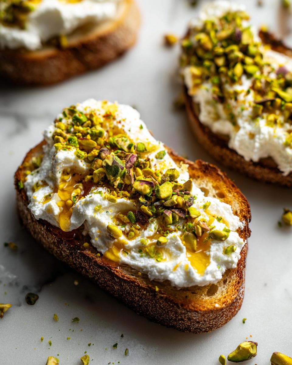 A close-up of delicious ricotta toast topped with creamy ricotta, chopped pistachios, and a drizzle of honey.