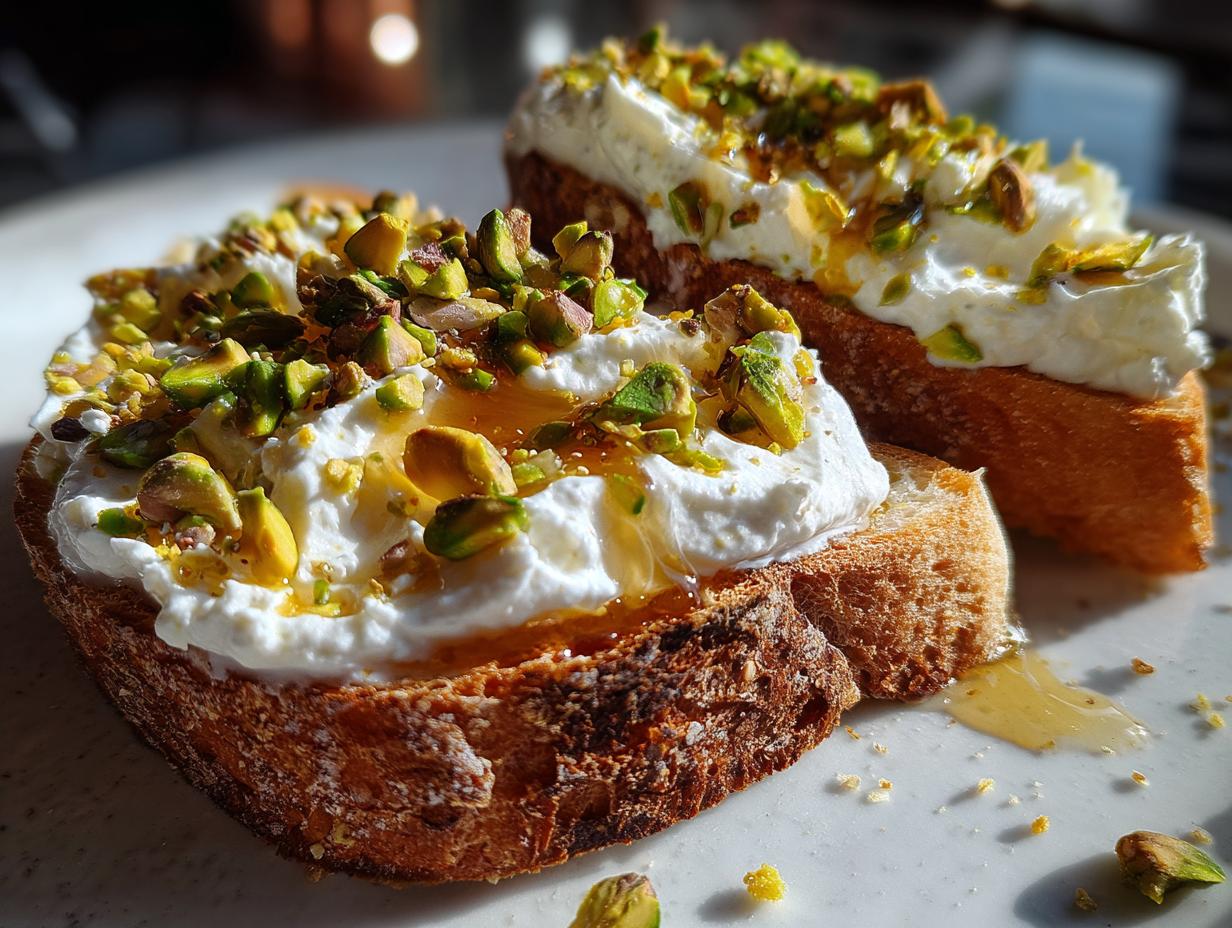 Two slices of toasted bread topped with creamy ricotta cheese, drizzled with honey, and sprinkled with chopped pistachios, perfect ricotta toast.