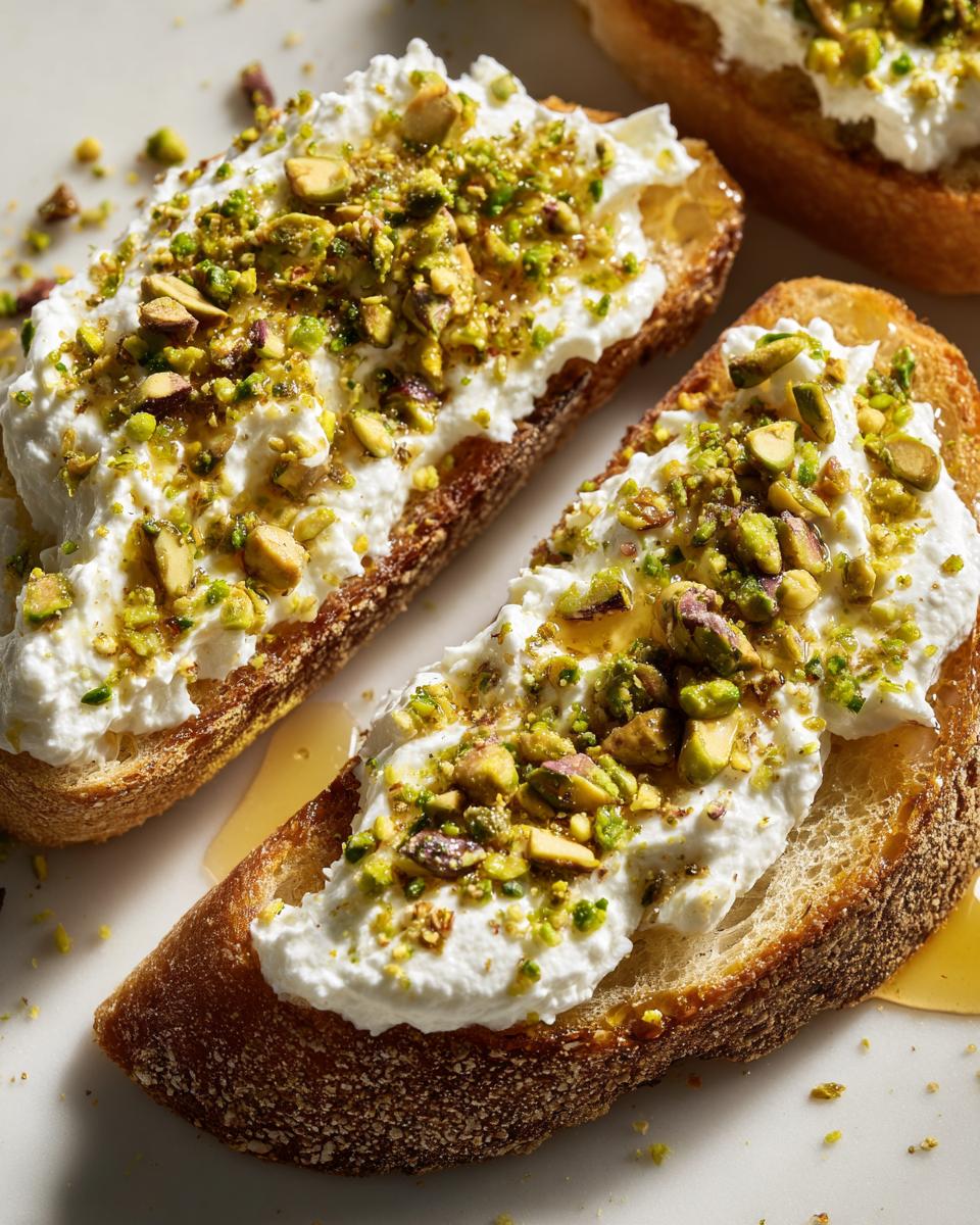Close-up of two slices of ricotta toast topped with creamy ricotta, chopped pistachios, and drizzled honey.