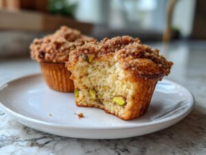 A delicious pistachio muffin, broken open to show the crumb and whole nuts, topped with streusel.