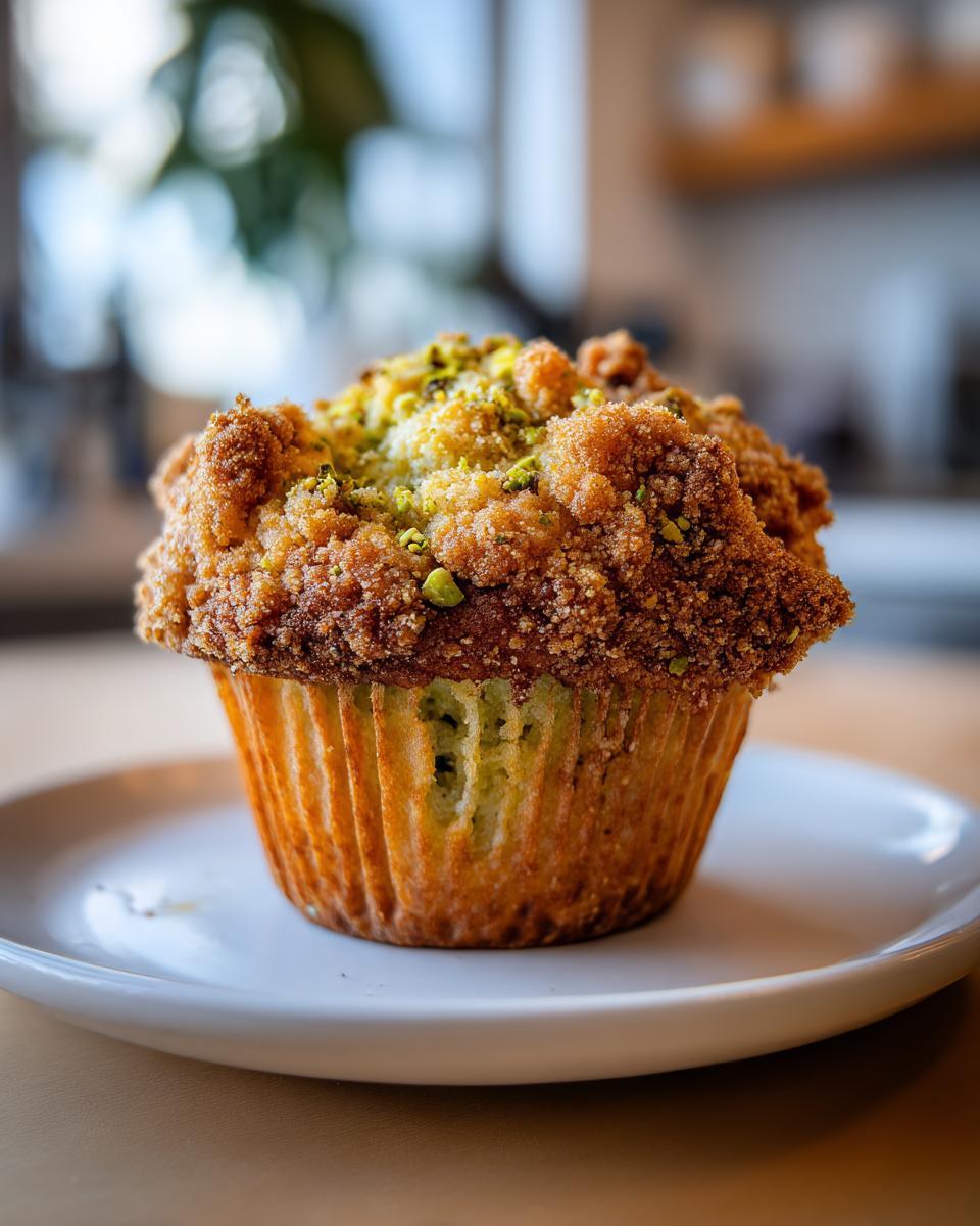 A close-up of a single, golden-brown pistachio muffin topped with a thick, sugary crumb topping and chopped pistachios.