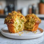 A close-up of a pistachio muffin cut in half, showing the moist interior studded with green pistachio pieces and a generous crumb topping.