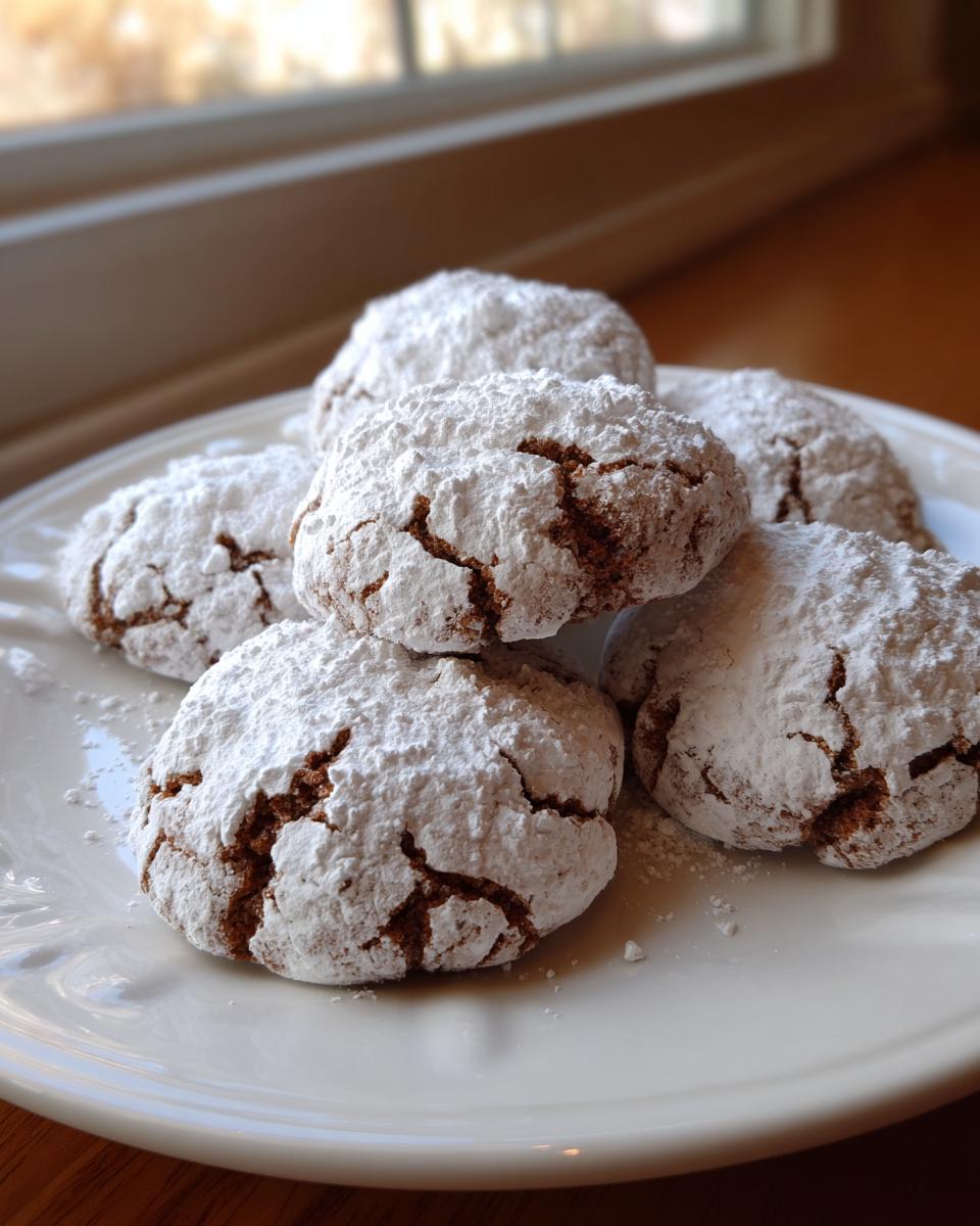 A stack of rich, cracked chocolate cool whip cookies heavily dusted with powdered sugar on a white plate.