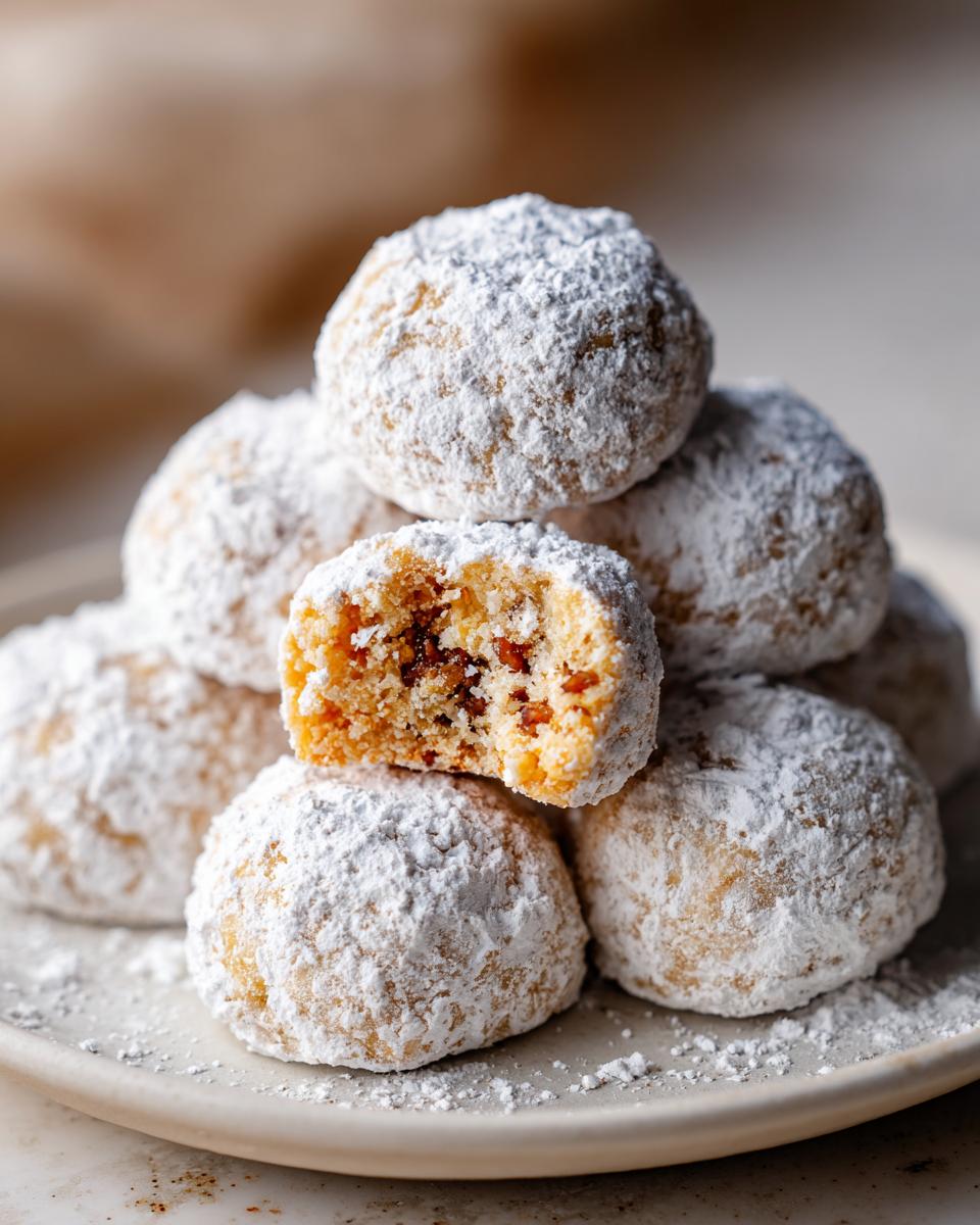 A stack of delicious russian tea cakes heavily dusted with powdered sugar, one cookie is broken open showing the nutty interior.