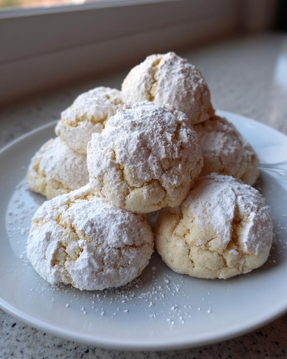 A stack of soft, round cool whip cookies generously dusted with powdered sugar on a white plate.
