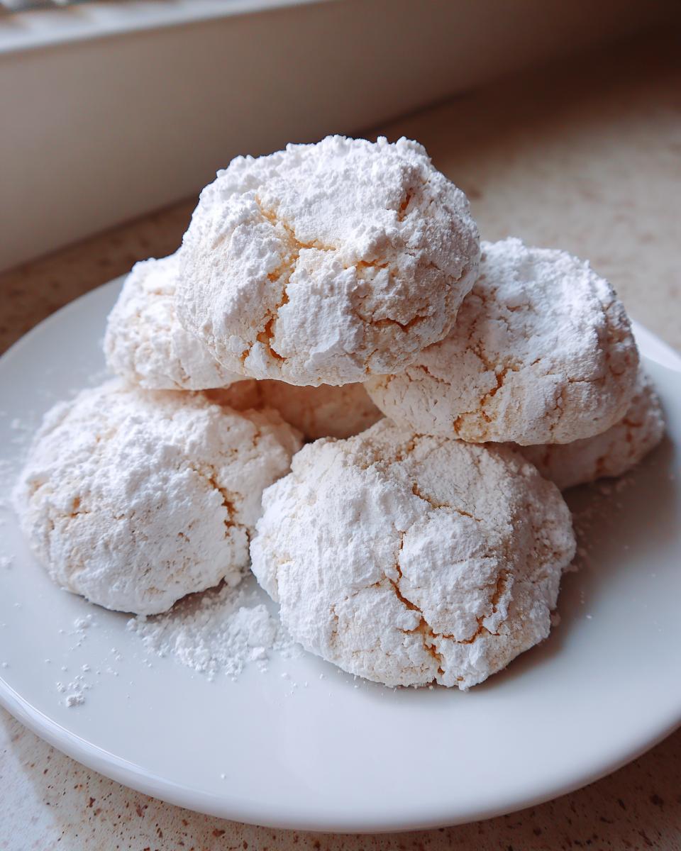 A stack of freshly baked, crinkly cool whip cookies heavily dusted with white powdered sugar on a white plate.
