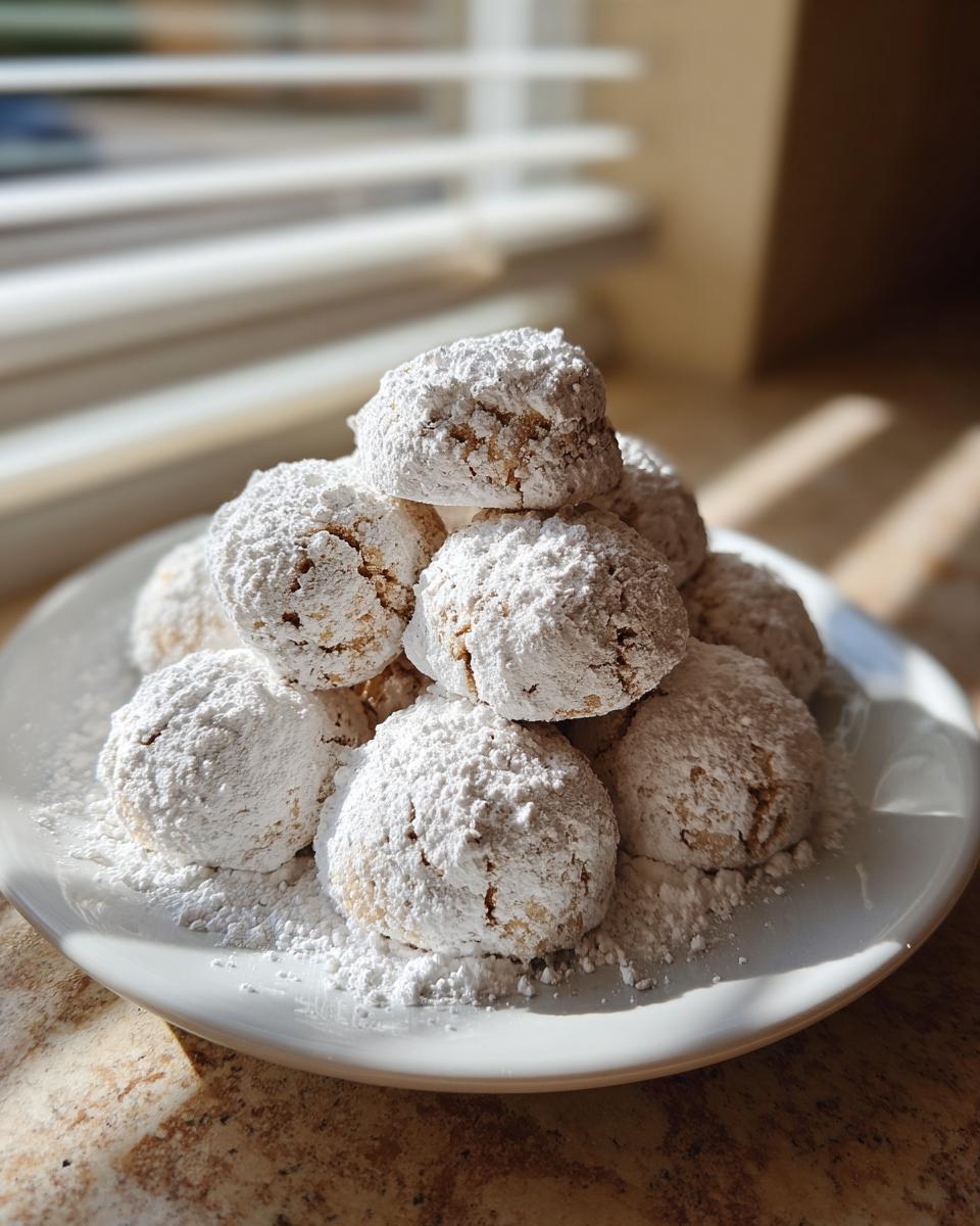 A stack of freshly baked cool whip cookies heavily dusted with powdered sugar on a white plate.