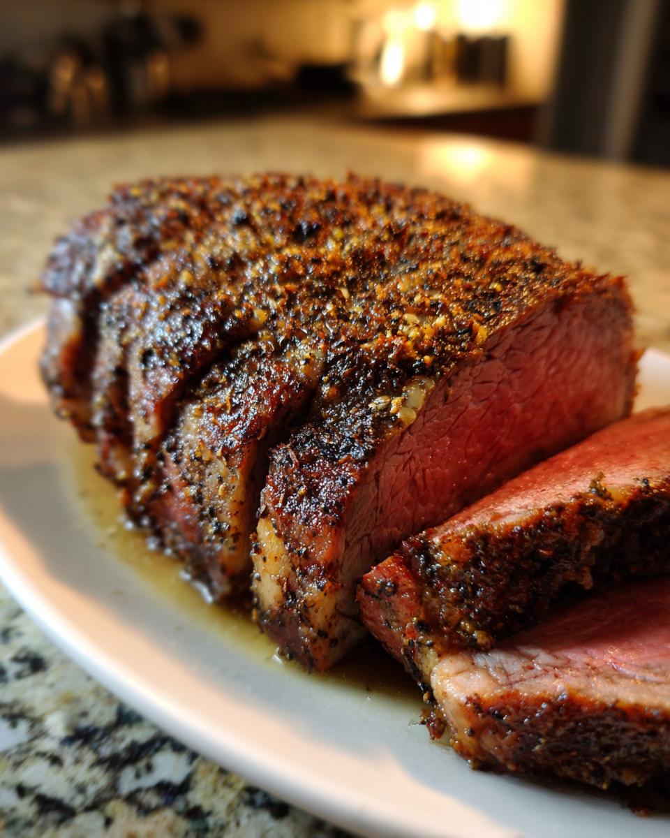 Close-up of a perfectly cooked prime rib recipe roast, sliced to show medium-rare center and dark herb crust.