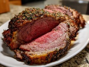 Close-up of a perfectly cooked prime rib recipe roast, sliced to show the medium-rare center and herb crust.