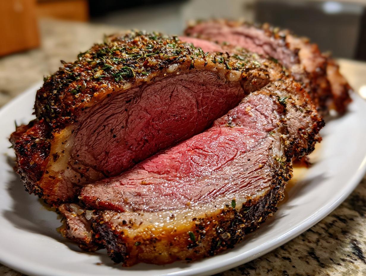 Close-up of a perfectly cooked prime rib recipe roast, sliced to show the medium-rare center and herb crust.