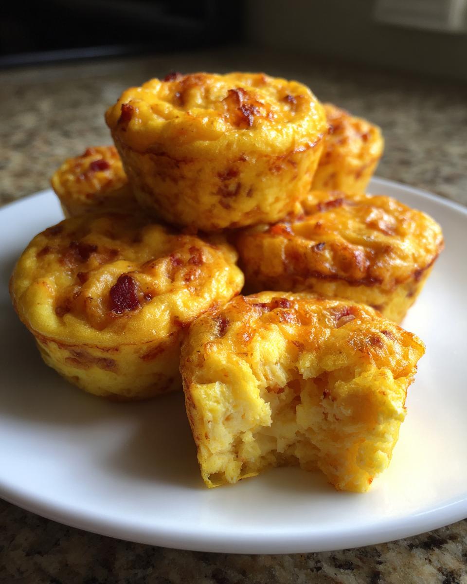 A stack of fluffy, golden egg bites with visible bacon pieces, one with a bite taken out, served on a white plate.