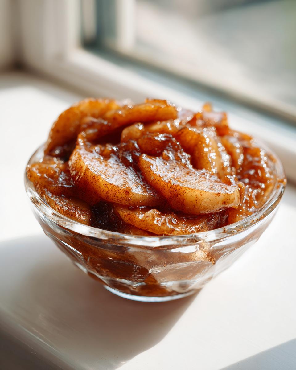 Close-up of spiced, cooked apple slices in a small glass bowl, perfect for an apple pie filling recipe.