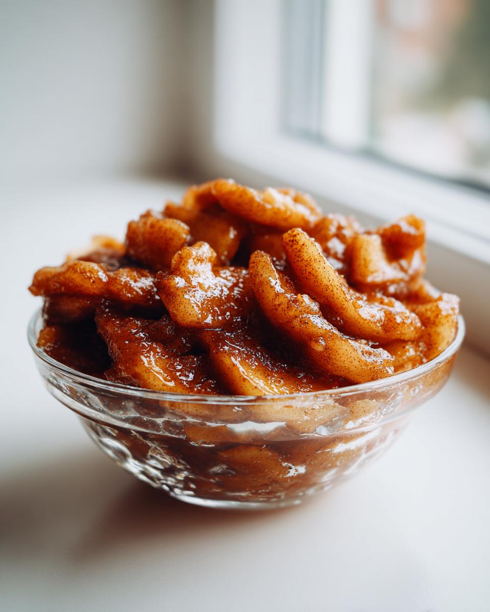 Close-up of a glass bowl filled with glossy, cinnamon-spiced apple pie filling recipe slices.