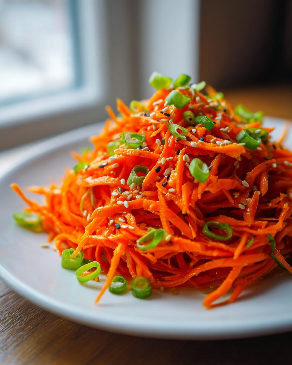 Close-up of a mound of bright orange raw carrot salad, topped with green scallions and sesame seeds.