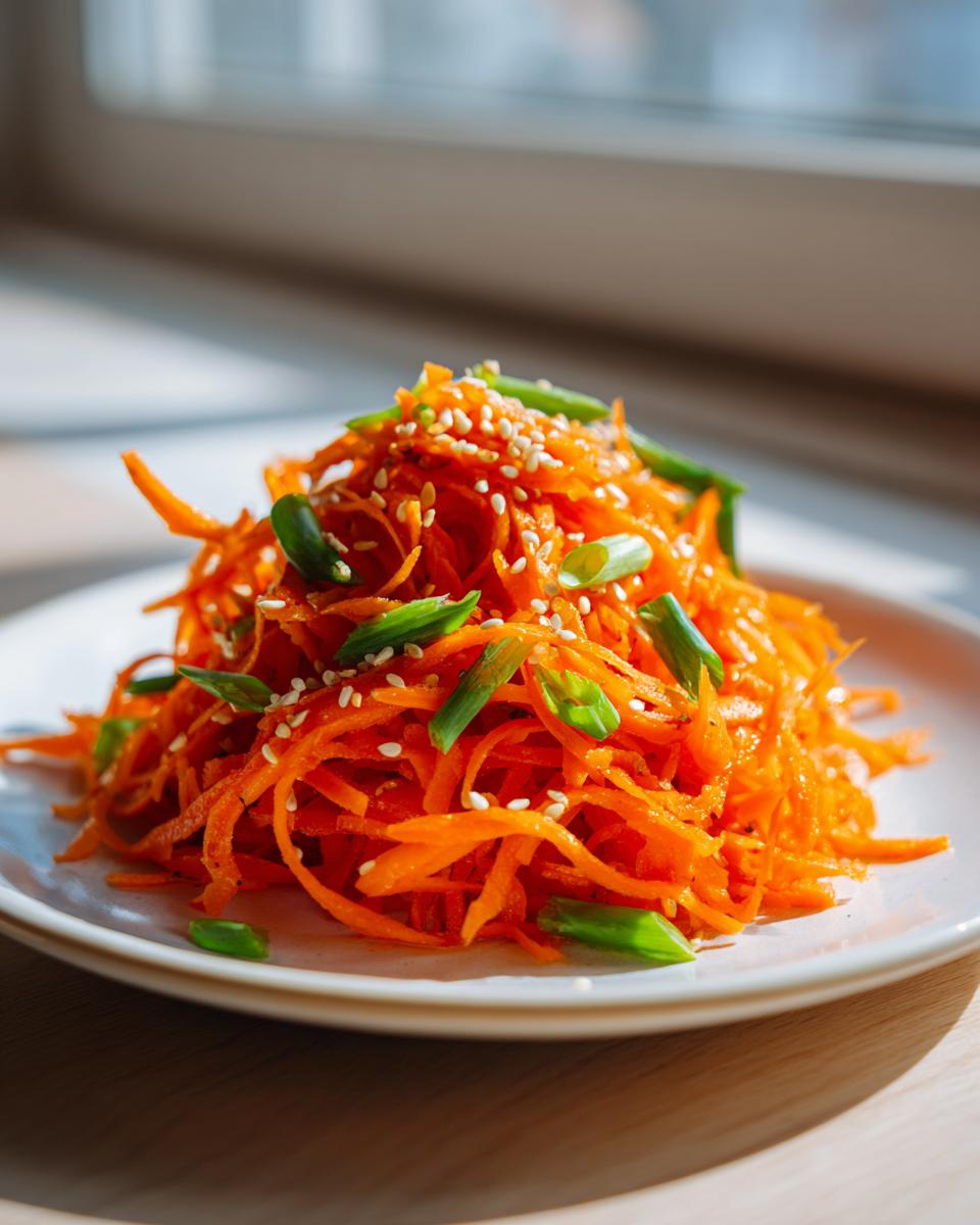 A bright mound of shredded raw carrot salad topped with sesame seeds and sliced green onions.