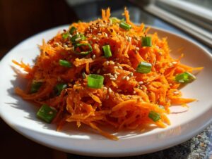 Close-up of a vibrant raw carrot salad, shredded and topped with sesame seeds and chopped green onions.
