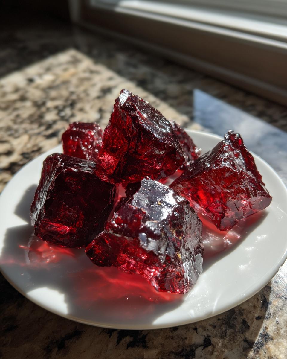 Close-up of several deep red, jagged pieces of homemade cinnamon rock candy glistening in the sunlight on a white dish.